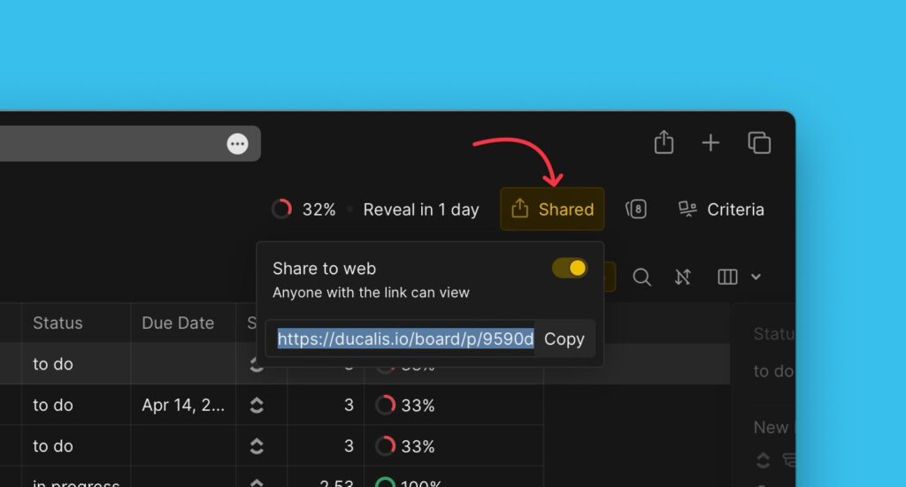 Board sharing interface showing link options
