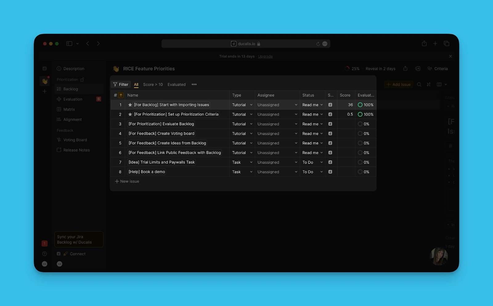 Sample issues displayed in a new prioritization board