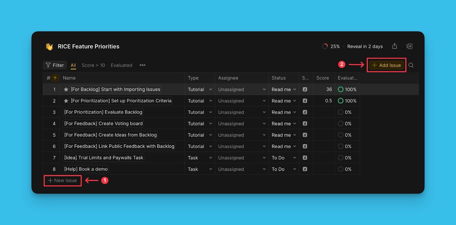 Add new issue button highlighted in the prioritization board interface