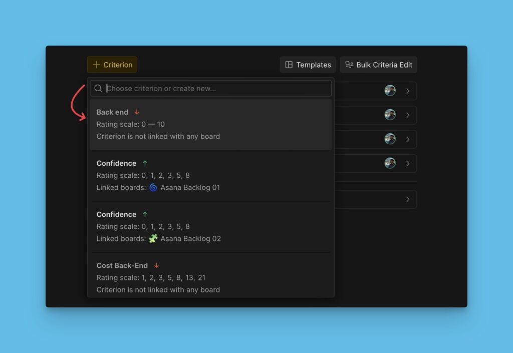 Criterion selection list