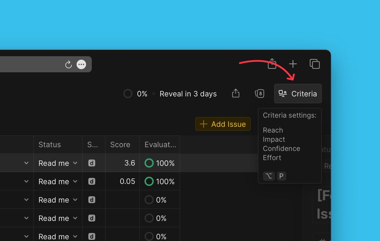 Criteria settings menu