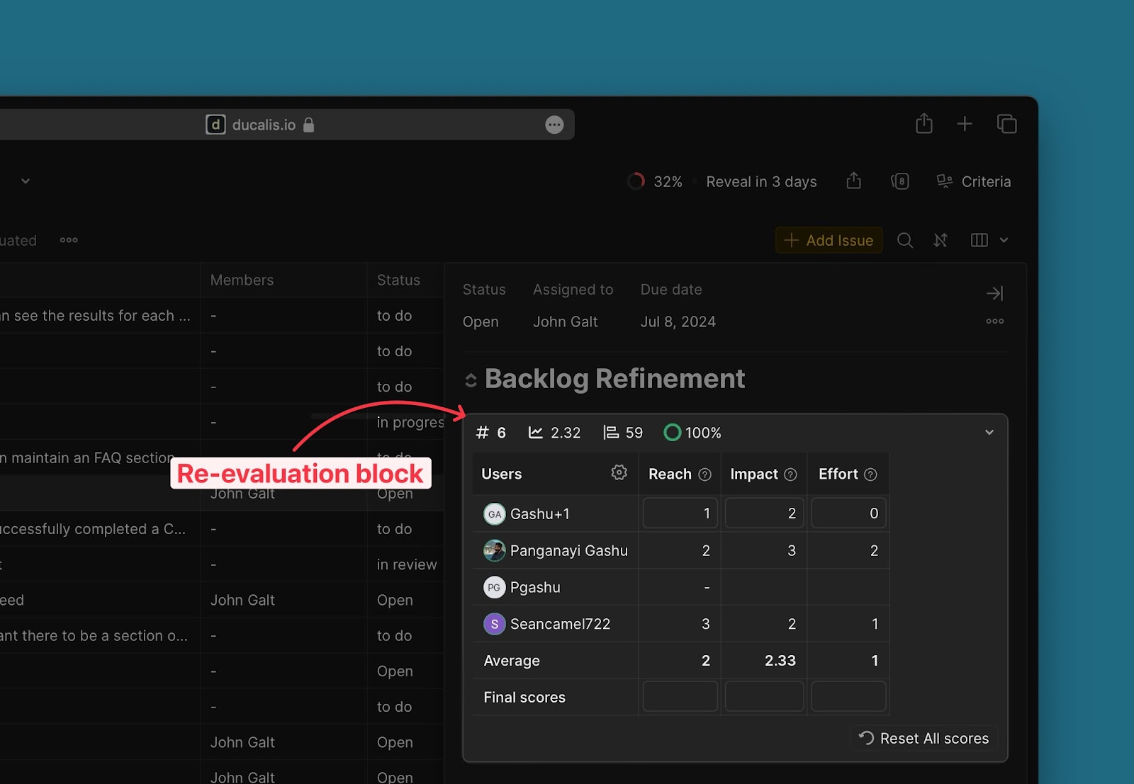 Re-evaluation block showing detailed scores