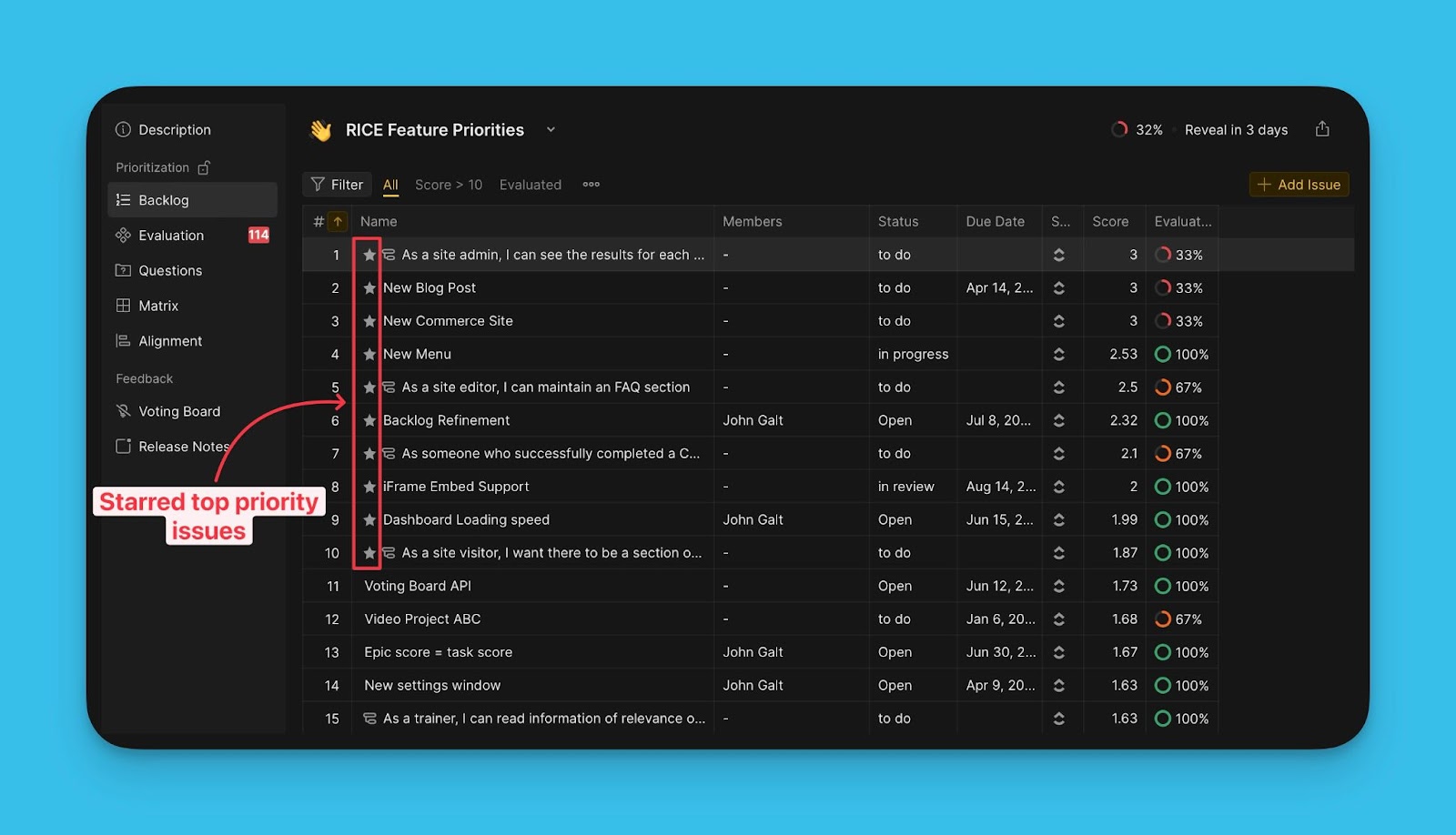 Top priority Issues highlighted with stars