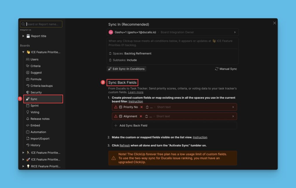 Sync Back Fields section