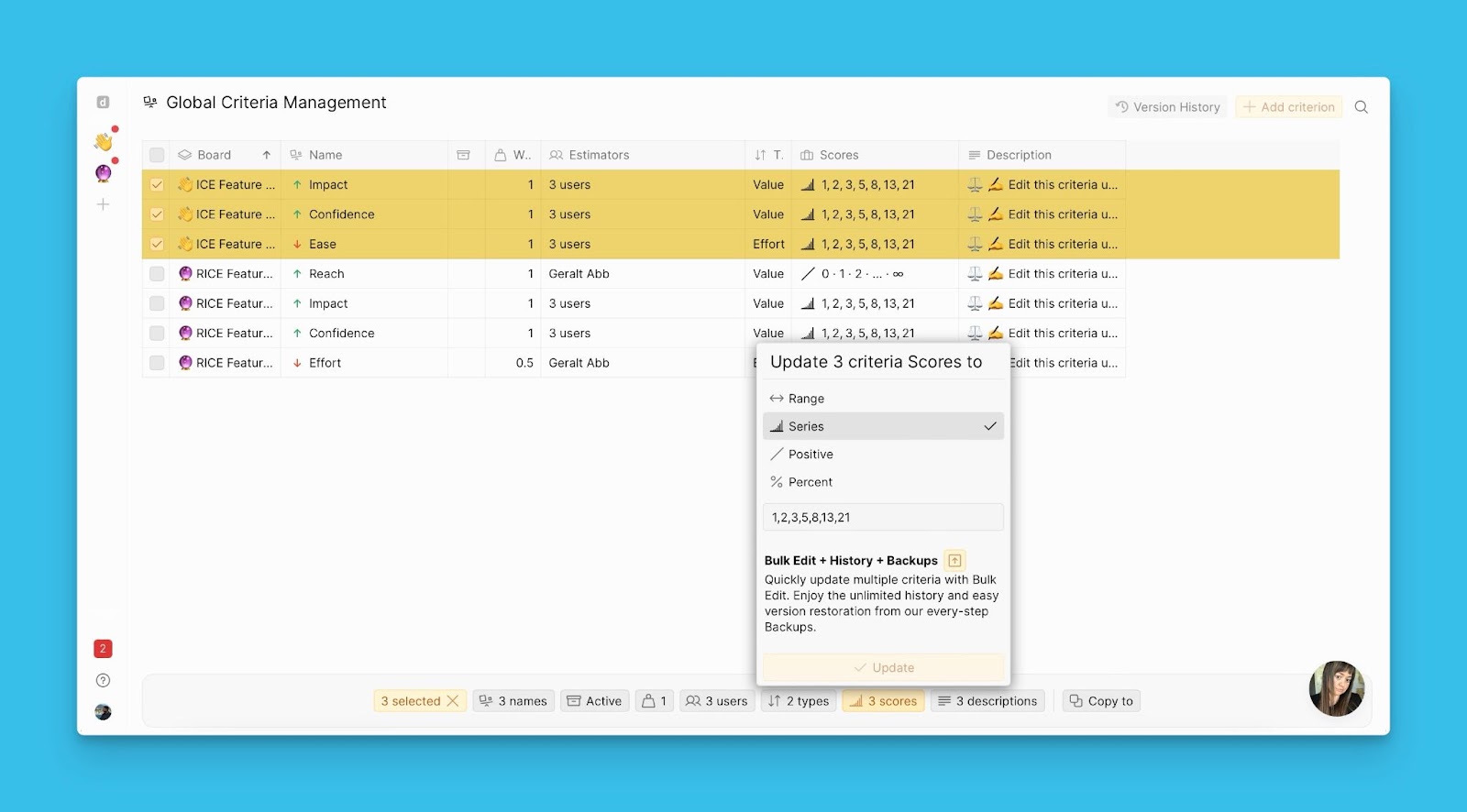 Global Criteria Management interface