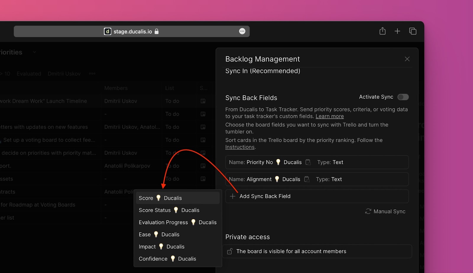 Dialogfeld Add Sync Back Fields