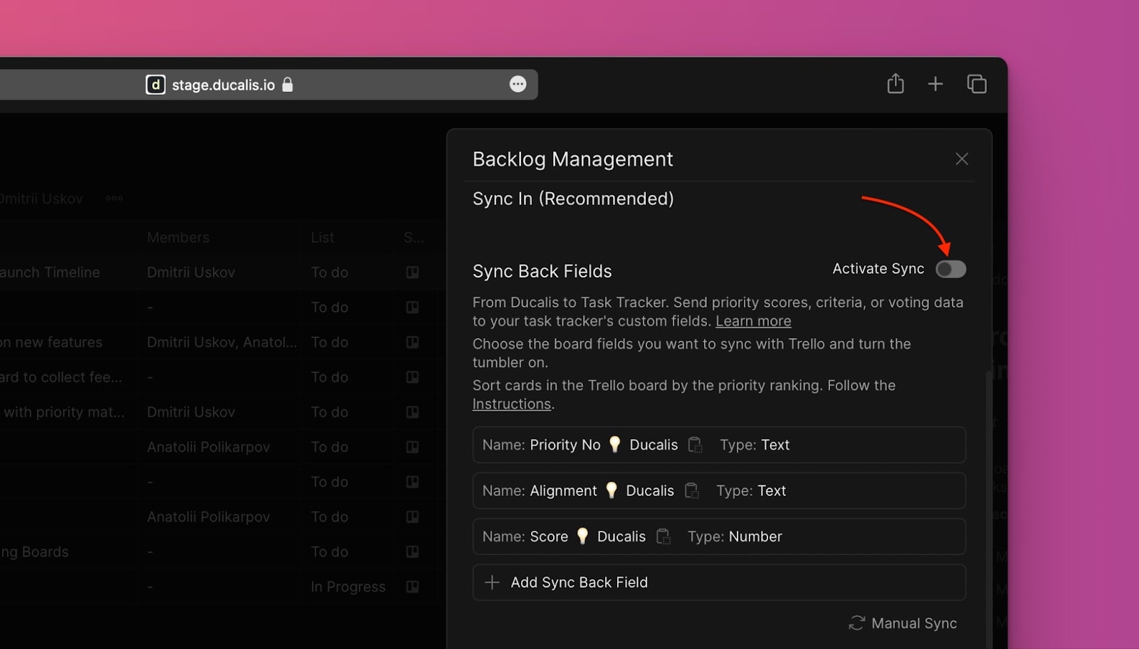 Schalter für bidirektionale Synchronisierung aktivieren