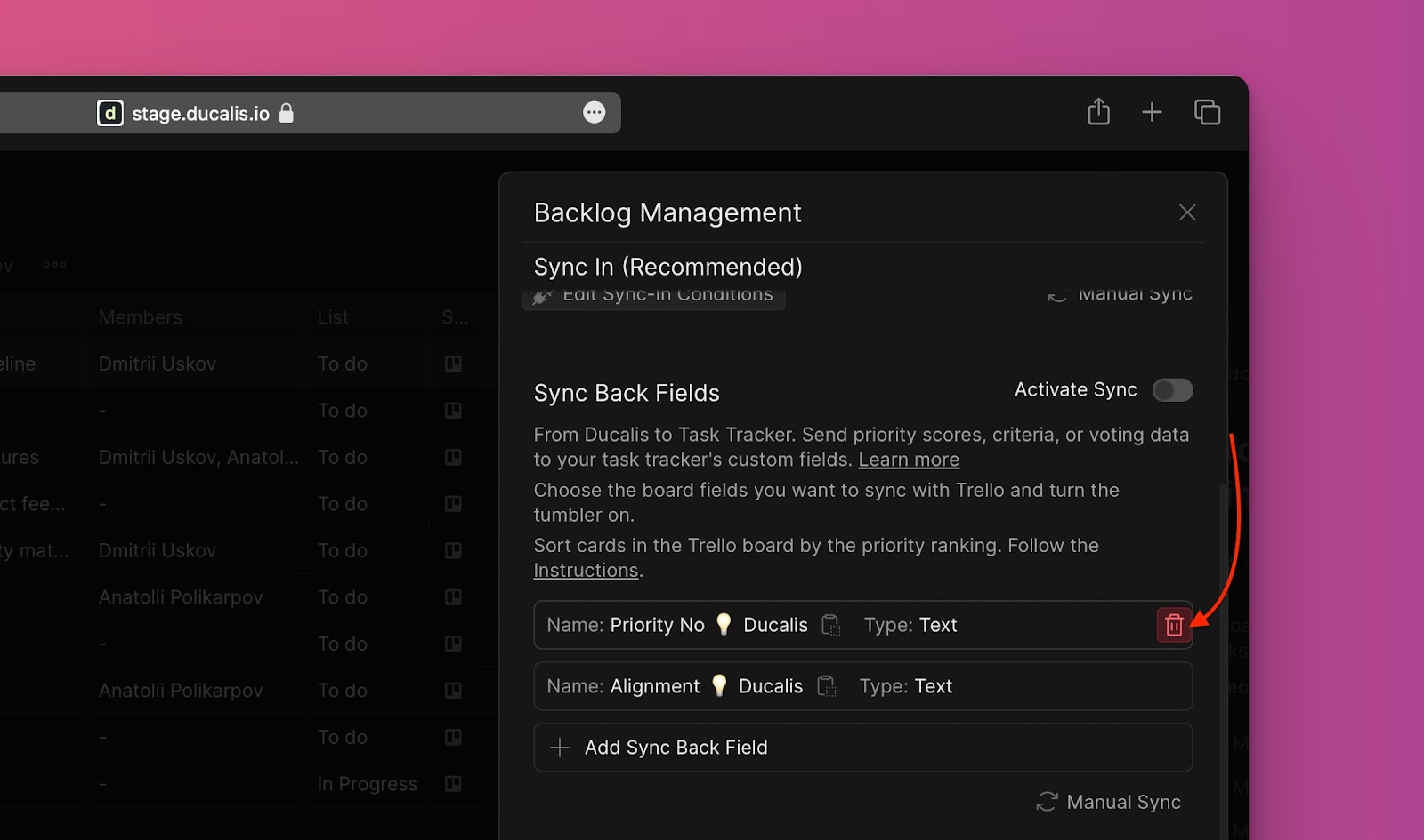 Standardsynchronisierungsfelder löschen