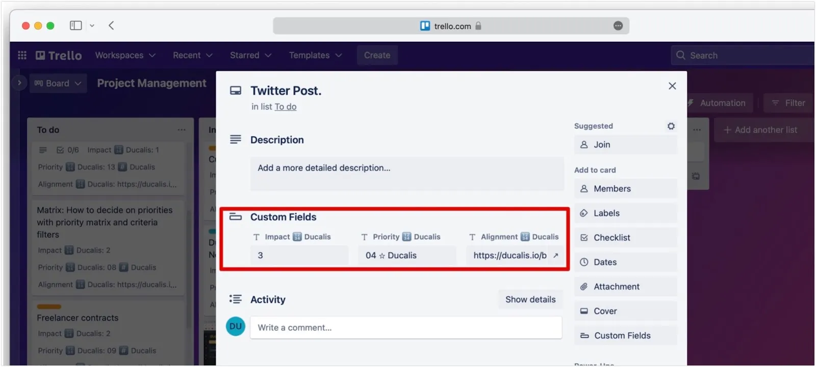 Trello カードに作成されたカスタムフィールド