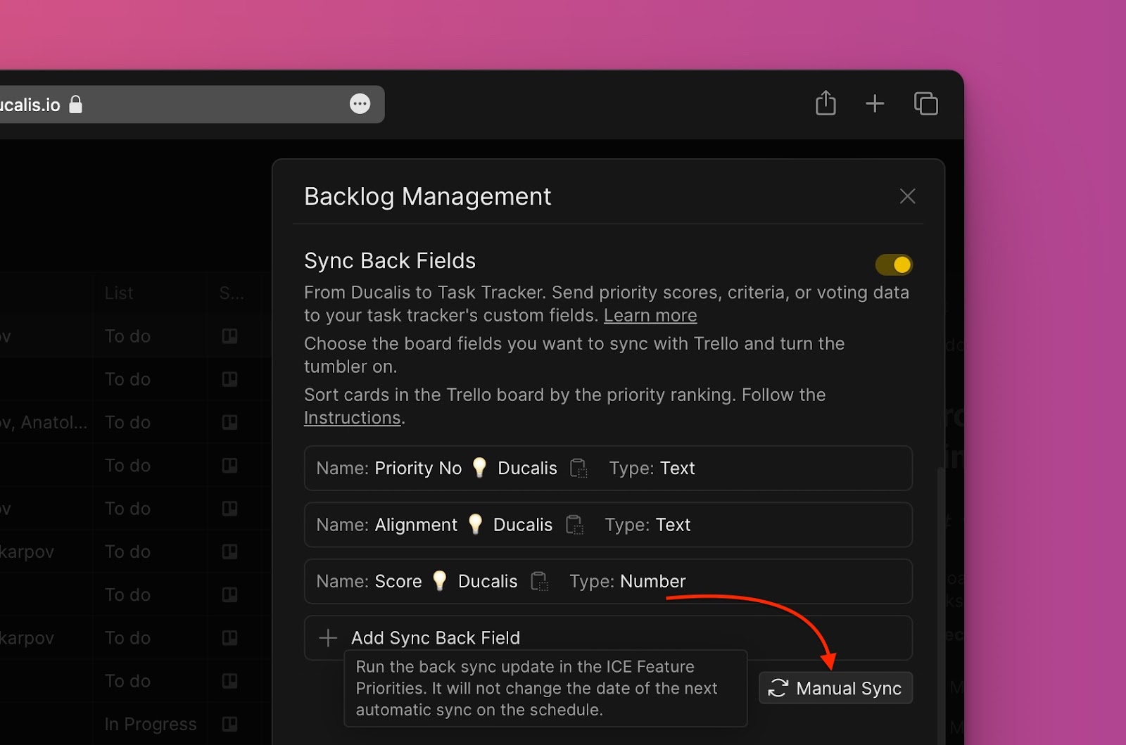 Schaltfläche für manuelle Rücksynchronisierung