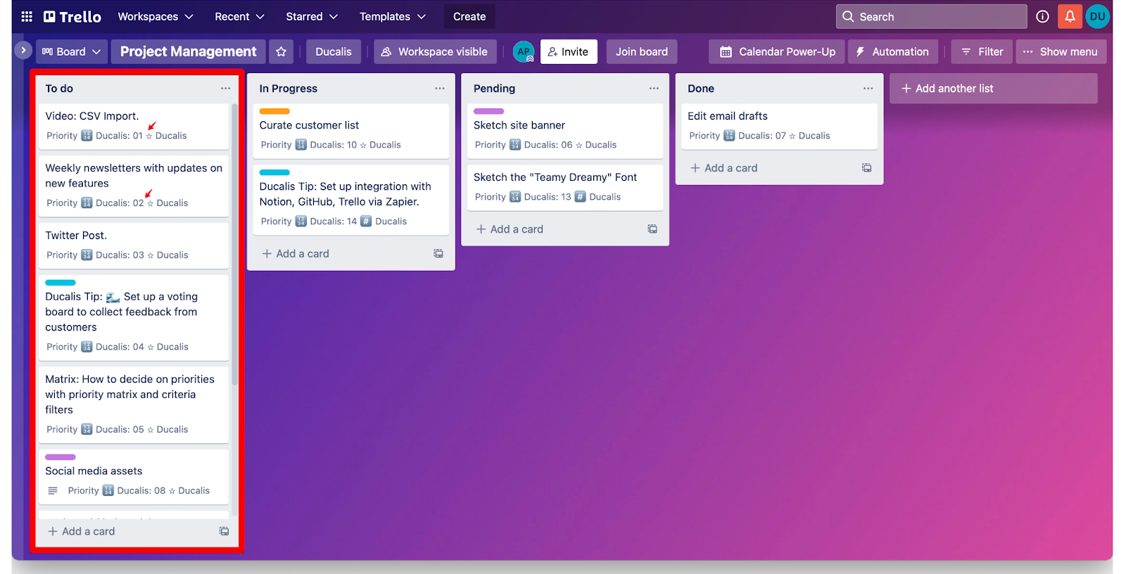 優先度順に並べ替えられたカード