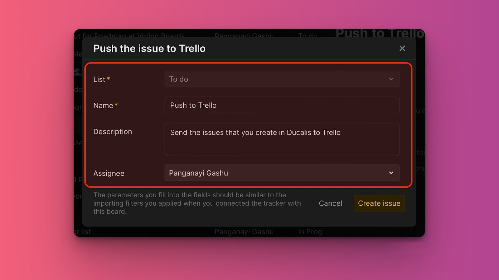 Dialog 'An Trello senden' mit Kartenoptionen