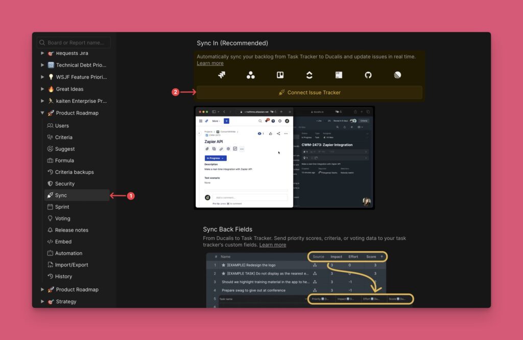 Schaltfläche Connect Issue Tracker in den Sync-Einstellungen