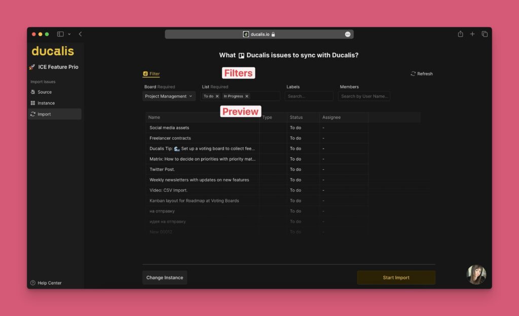 Filteroptionen für den Import von Karten