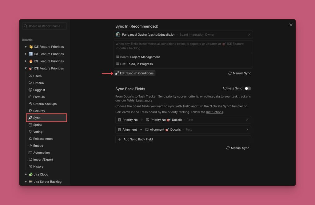 Schaltfläche Edit Sync-In Conditions