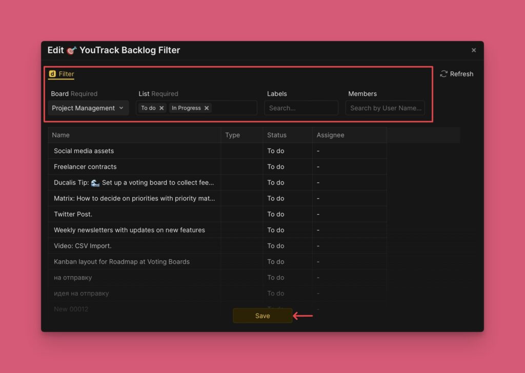 Schaltfläche Speichern für Filteränderungen
