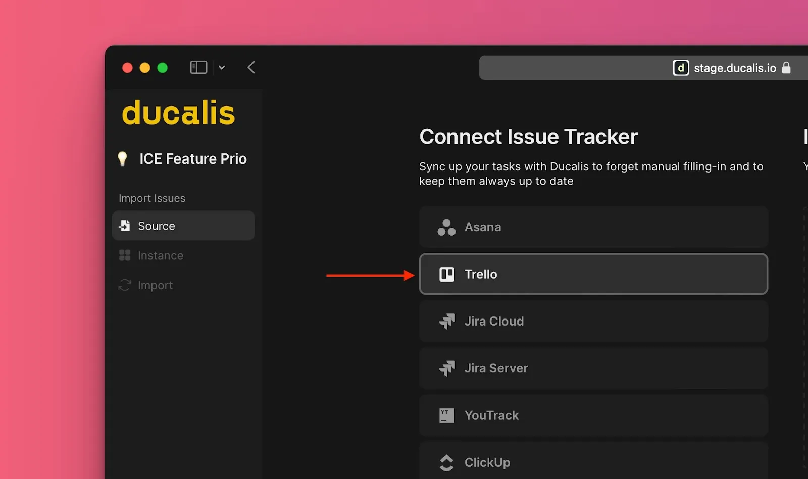 タスクトラッカーリストで Trello を選択
