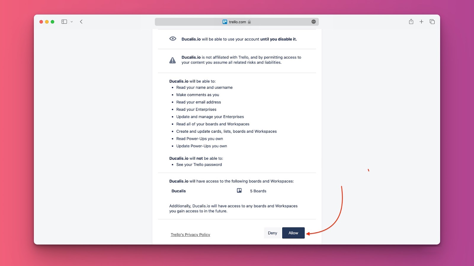Trello-Autorisierungsbildschirm