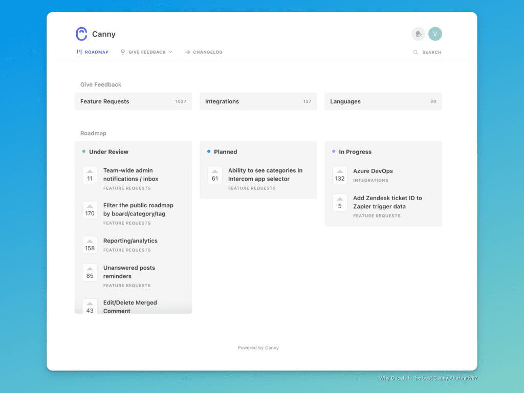Canny roadmap interface with multiple navigation options