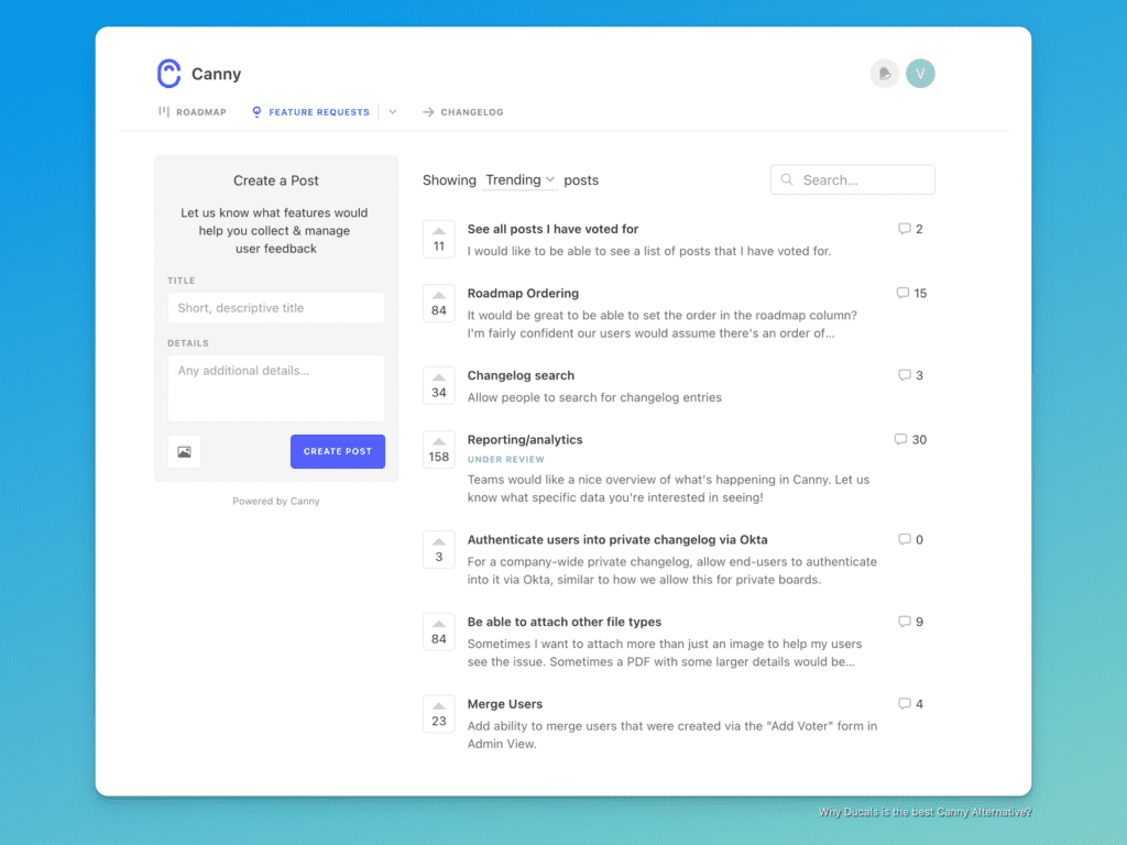 Canny feature request board showing separate screens for different functions
