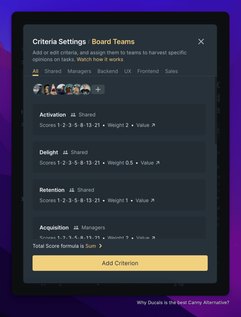 Custom prioritization framework setup with multiple criteria