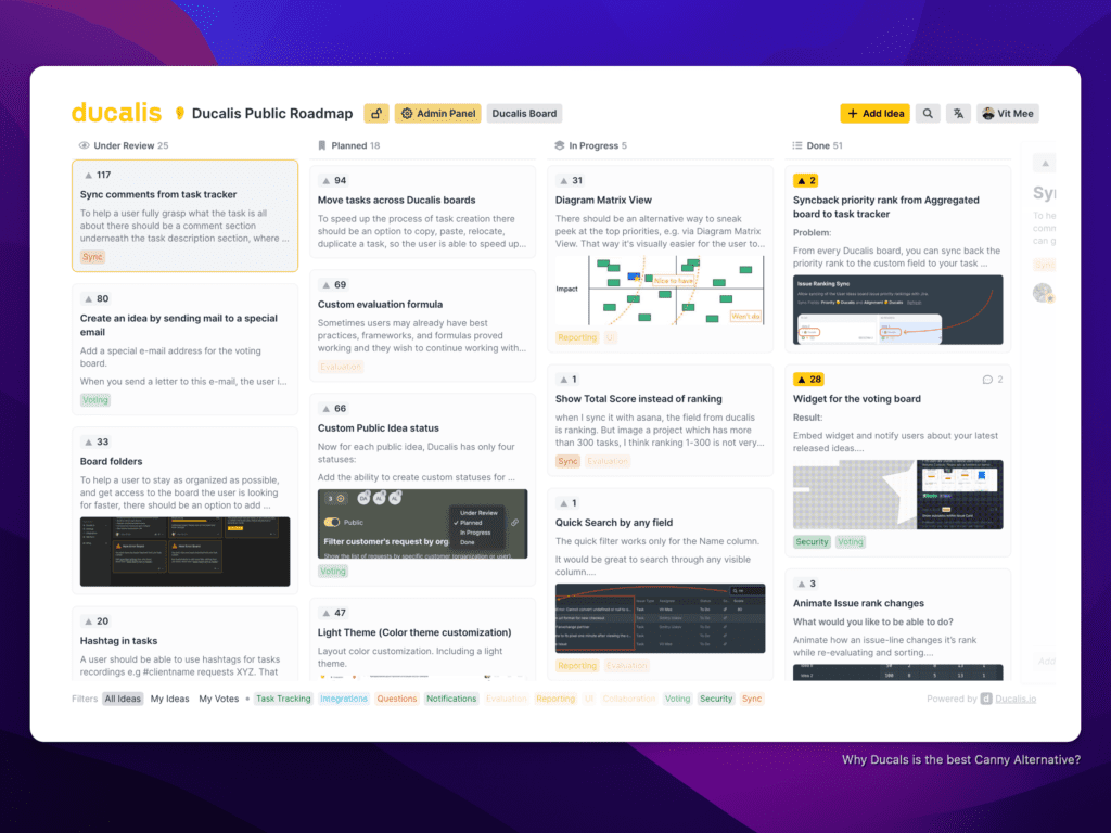 Product voting board with light theme showing streamlined interface
