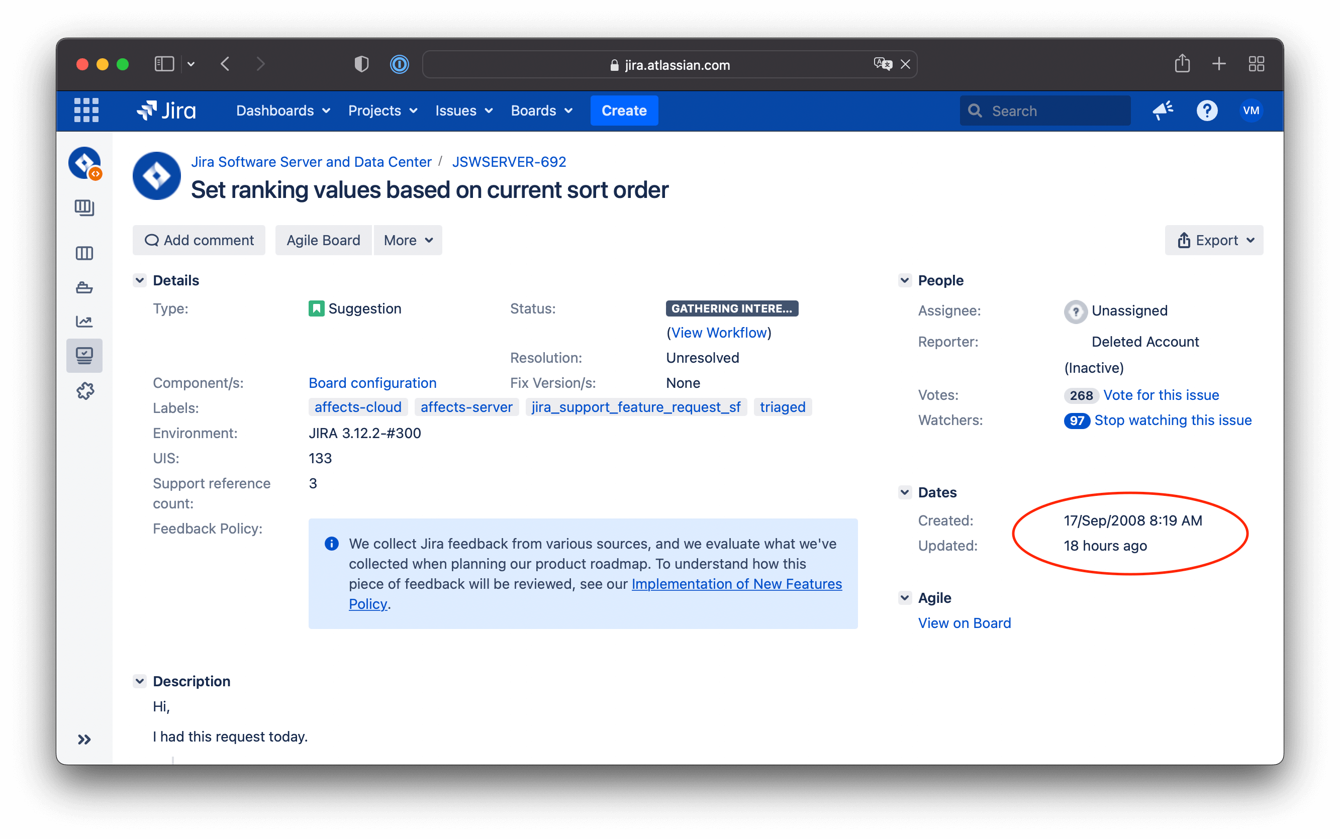 Jira backlog sorting interface