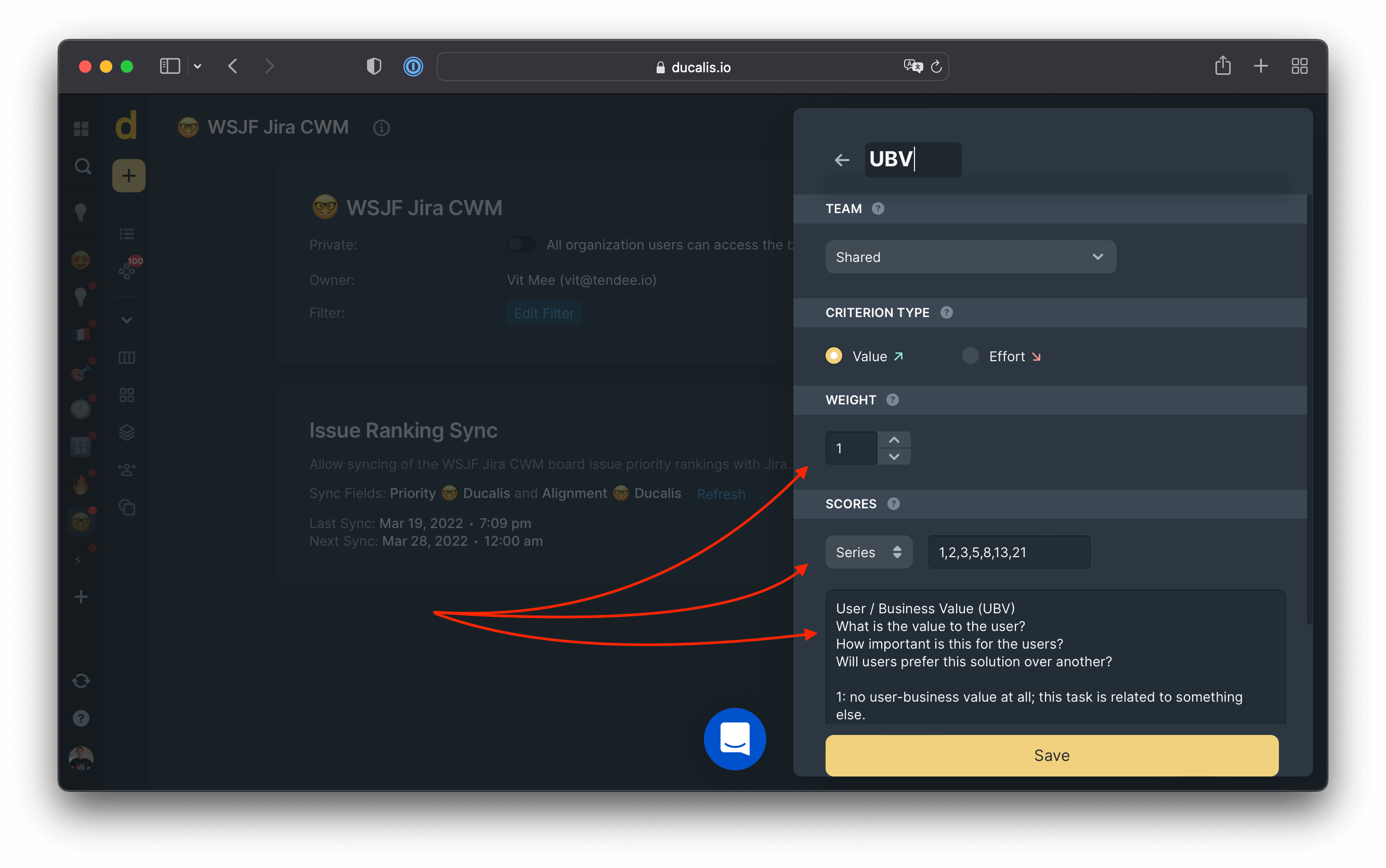 説明、重み、スケールを使用した基準の設定