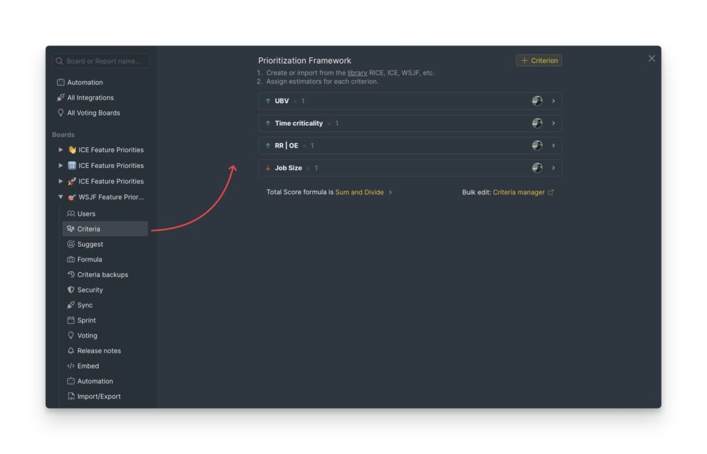 Criteria settings configuration