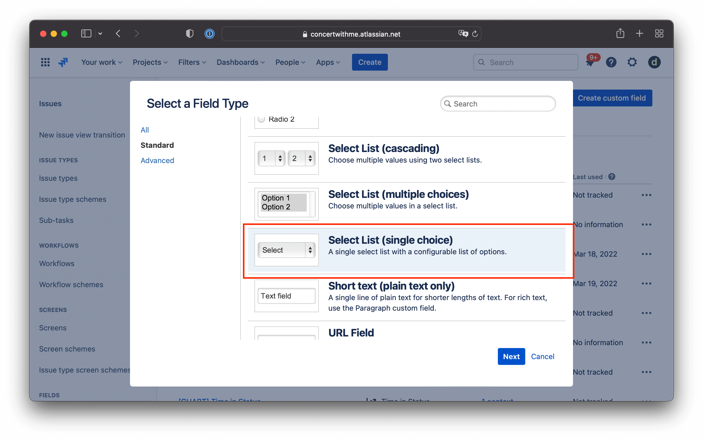 Jira 選択リスト単一選択カスタムフィールド