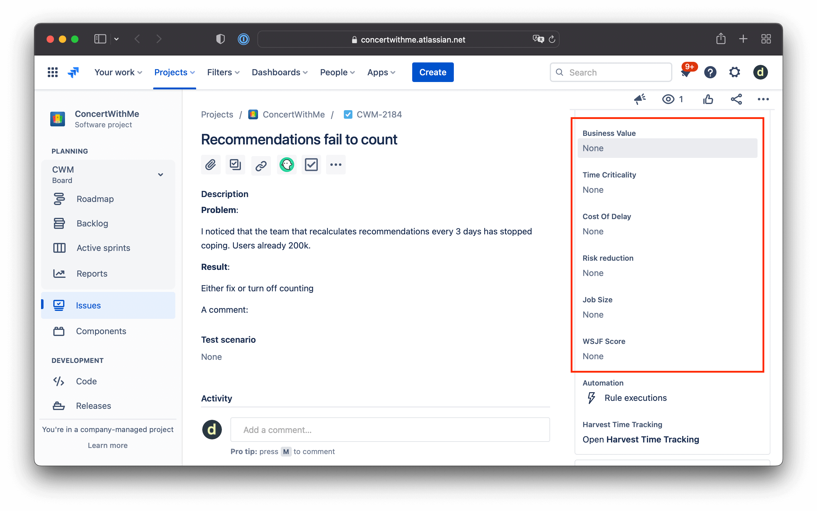 WSJF criteria on Jira issue panel