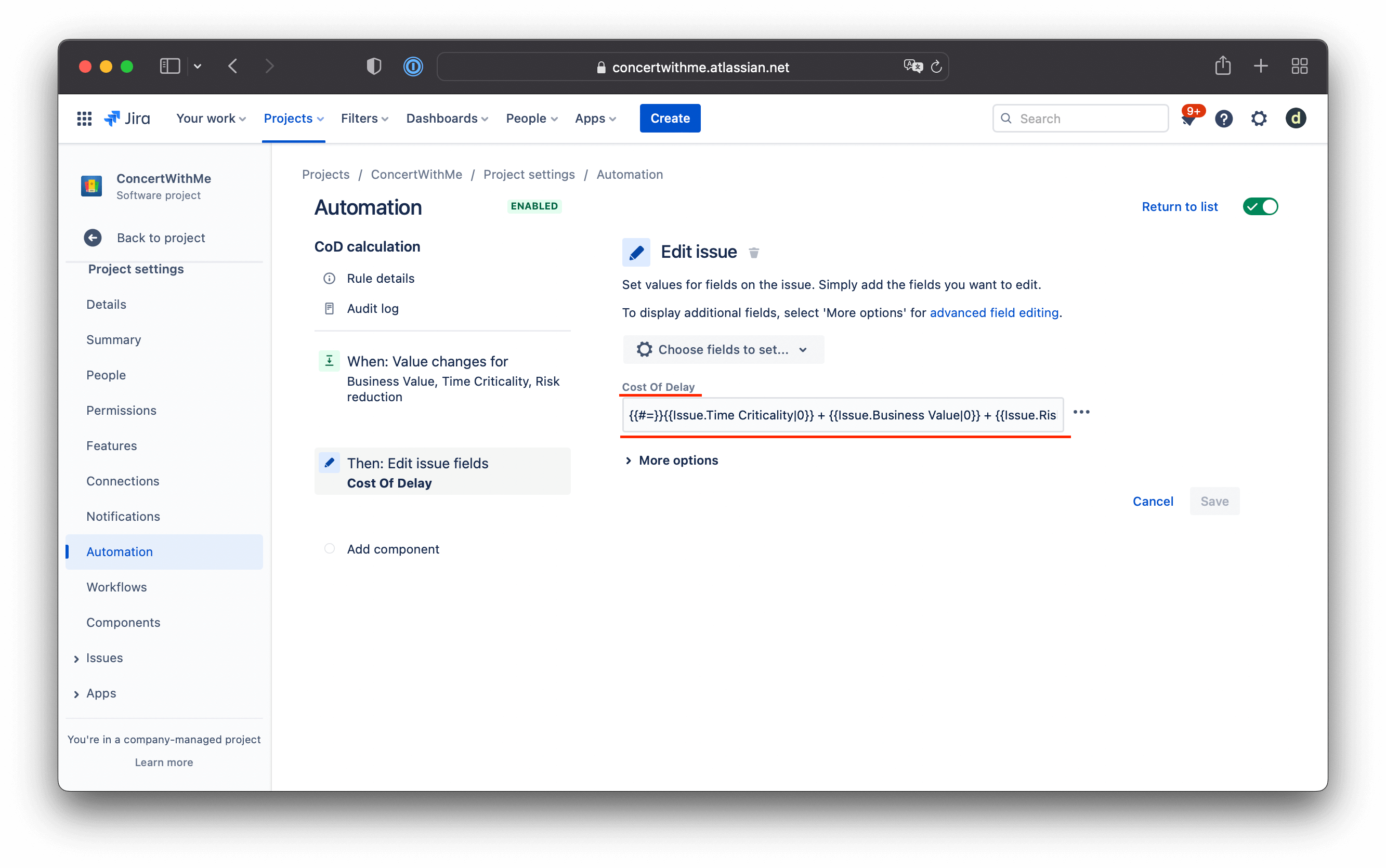 Jira Automation での遅延コスト計算式