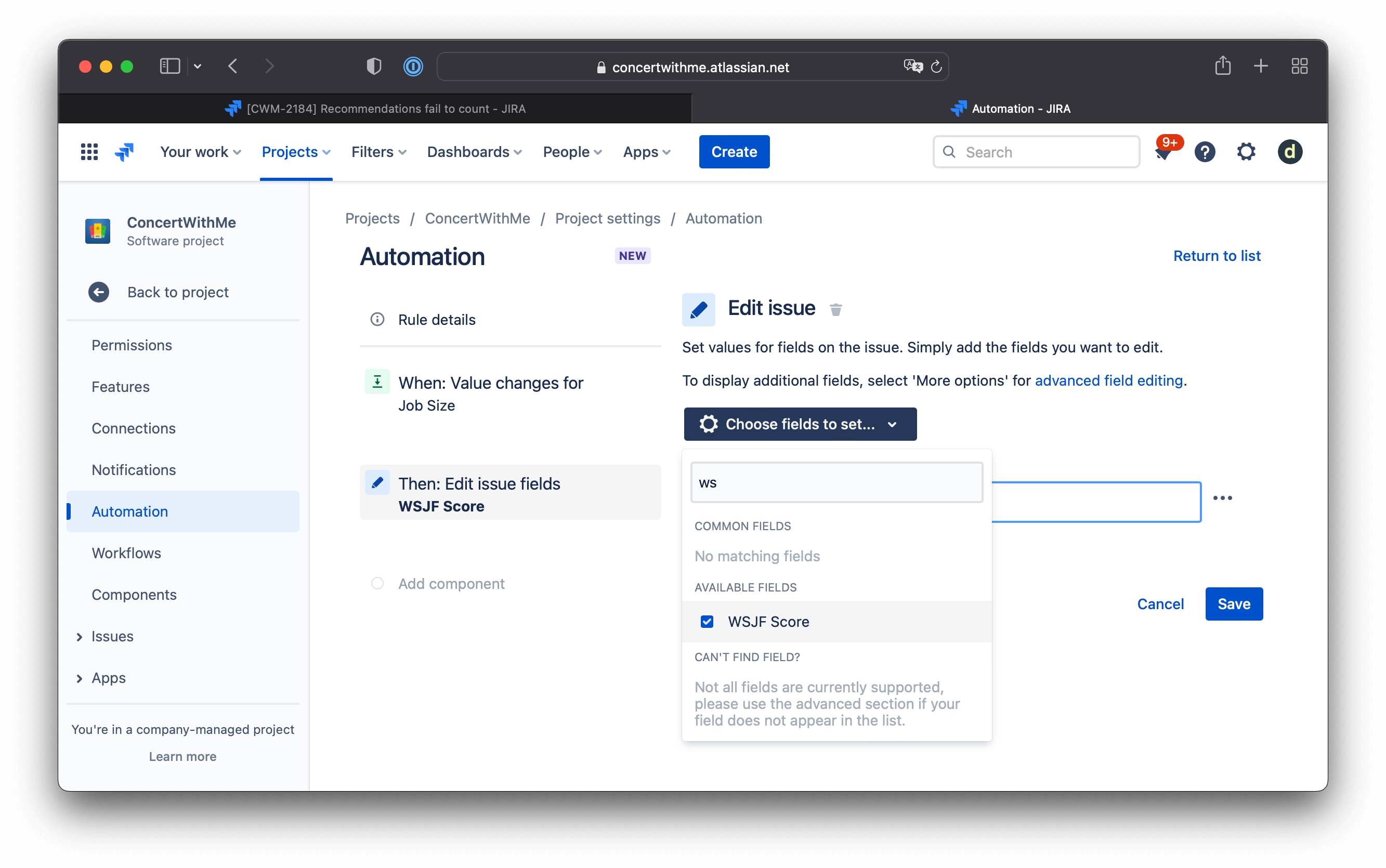 Jira Automation での WSJF スコアカスタムフィールド