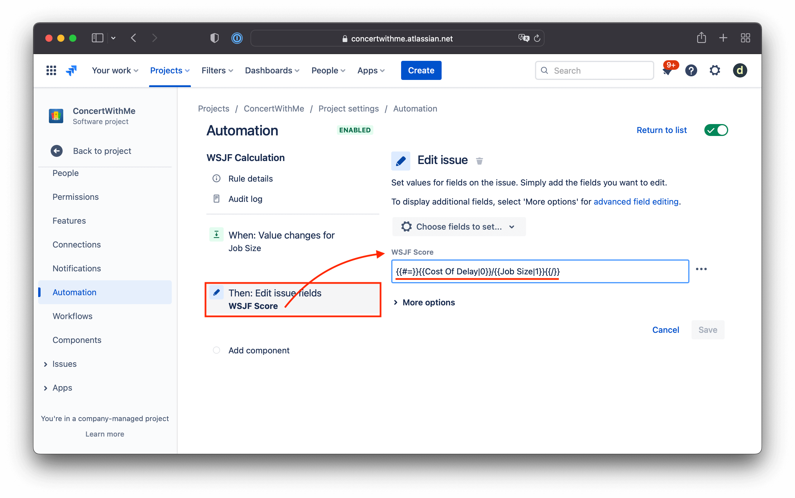 Jira Automation での WSJF スコア計算式
