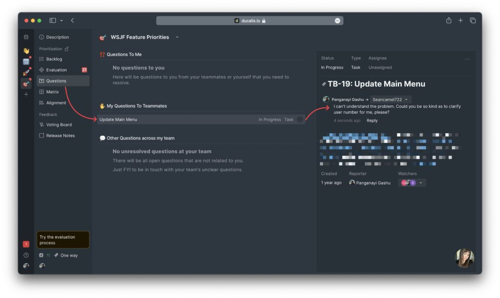 Questions section showing issues pending clarification