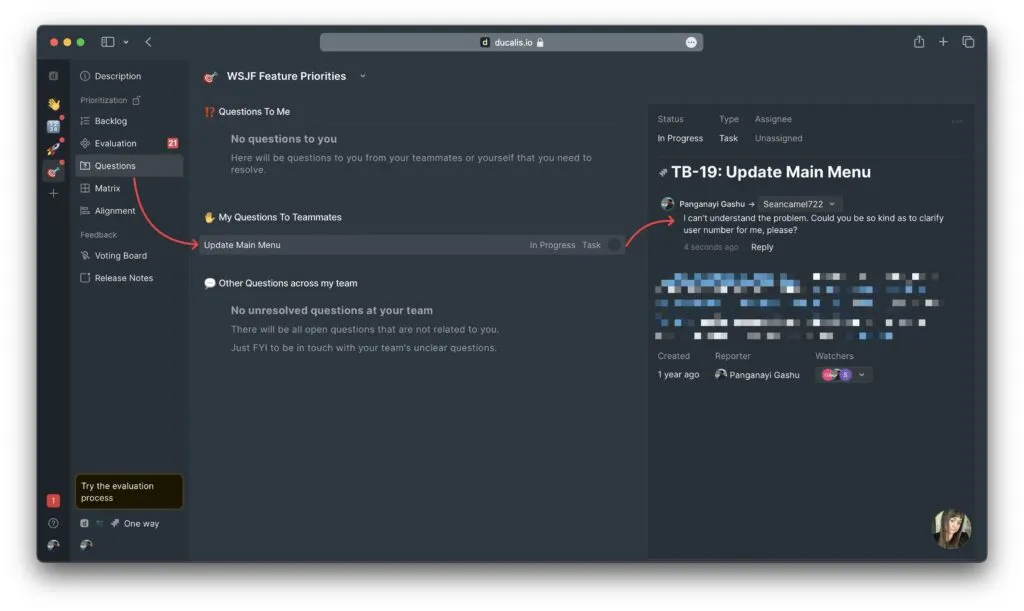 明確化を待っている課題を表示する質問セクション