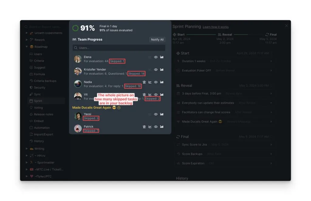 スキップされたタスクを表示する評価進捗レポート