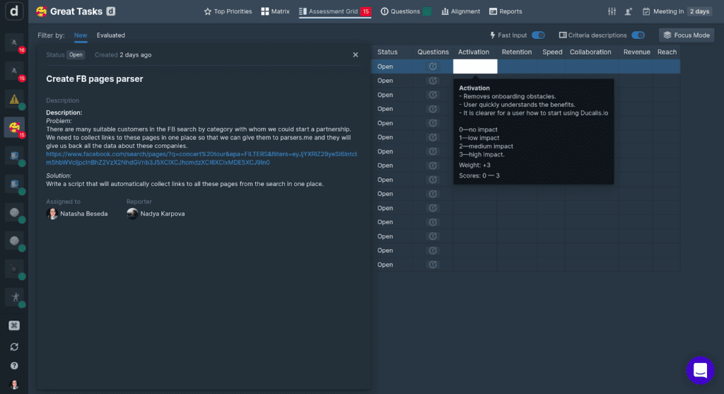 Criteria with tooltips showing score meanings