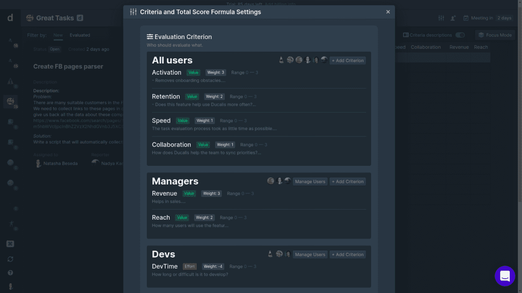 Team members assigned to different criteria