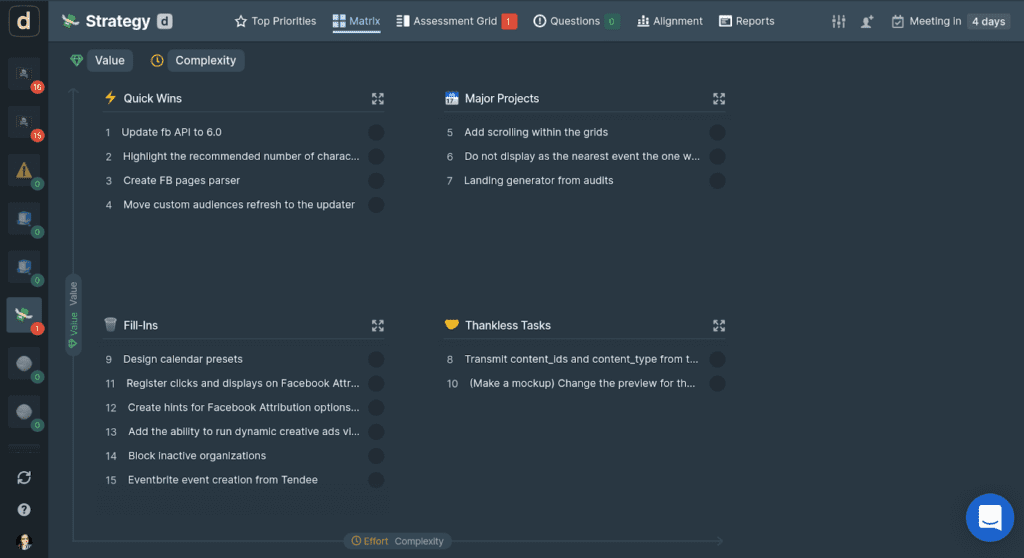 Prioritized backlog in 2x2 matrix list view