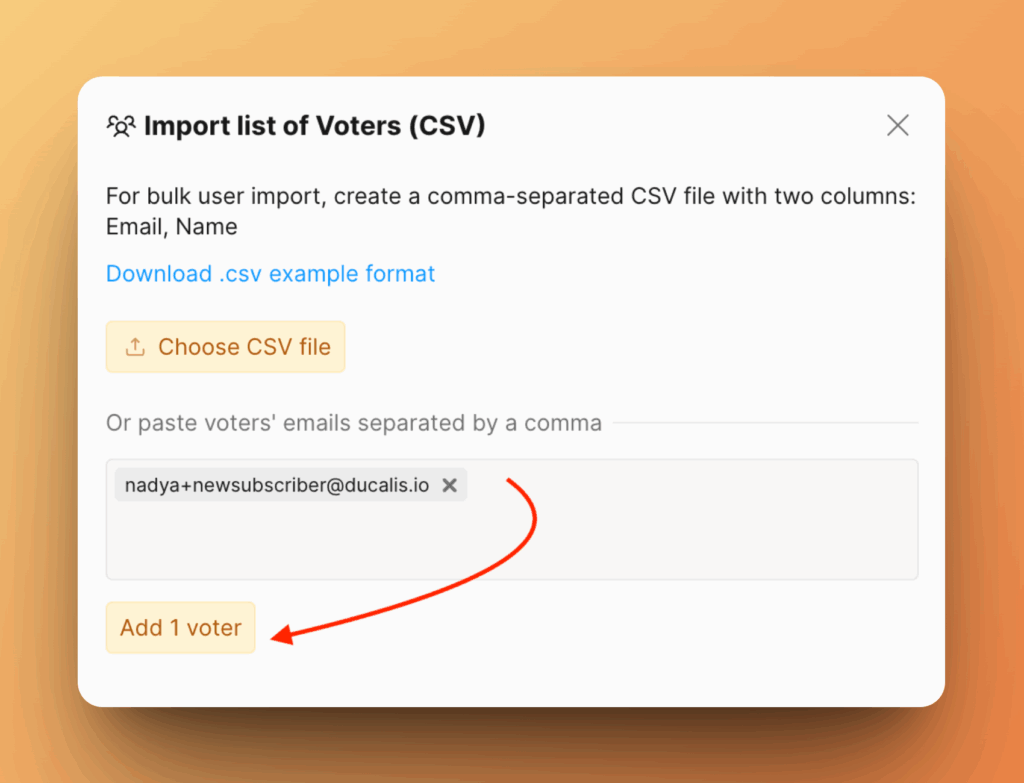 Dialog zum Importieren von Abstimmenden mit CSV- und manuellen Optionen