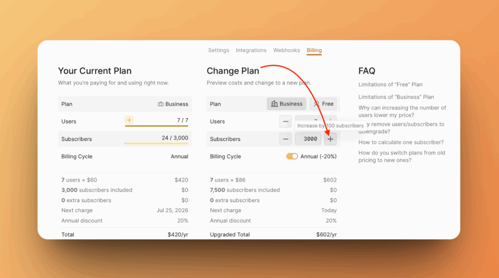 サブスクライバー上限オプションを表示するプラン選択