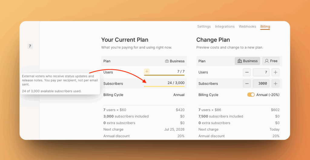 現在のサブスクライバー数を表示する Billing ページ