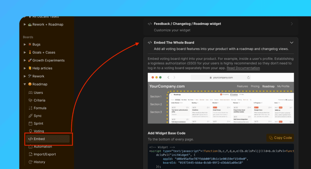Position der Einbettungseinstellungen