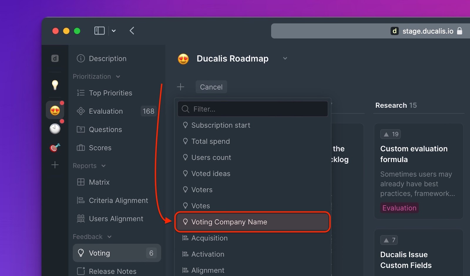Auswahl des Metadatenfelds für die Filterung