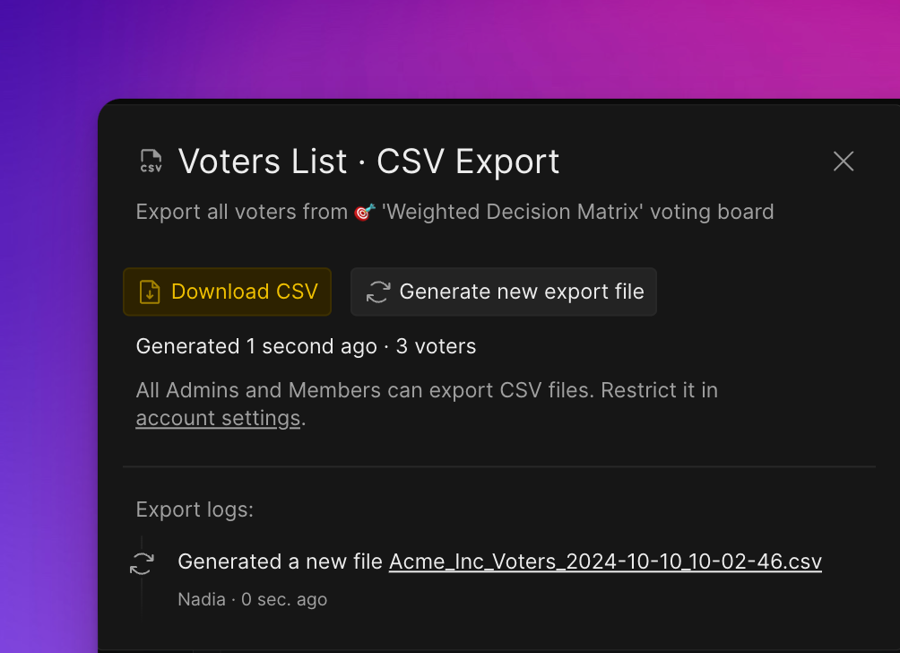 生成された CSV ファイルのダウンロードボタン