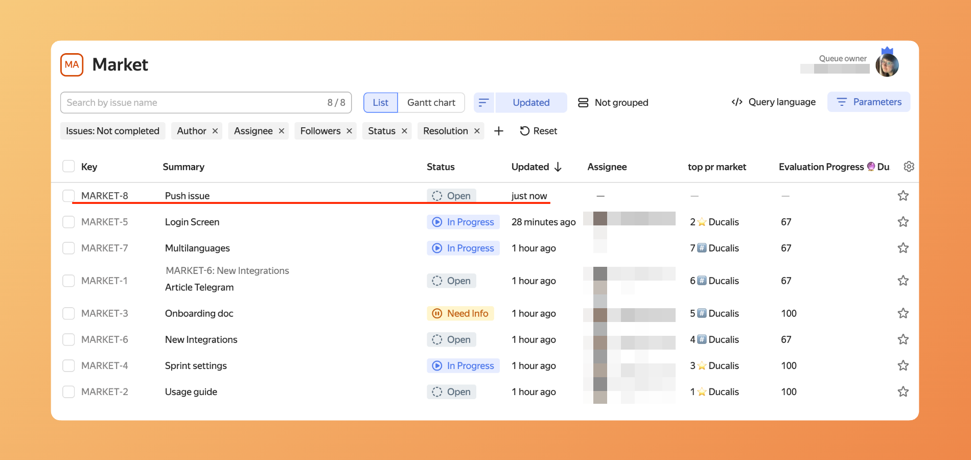 プッシュされた課題が Yandex に表示される