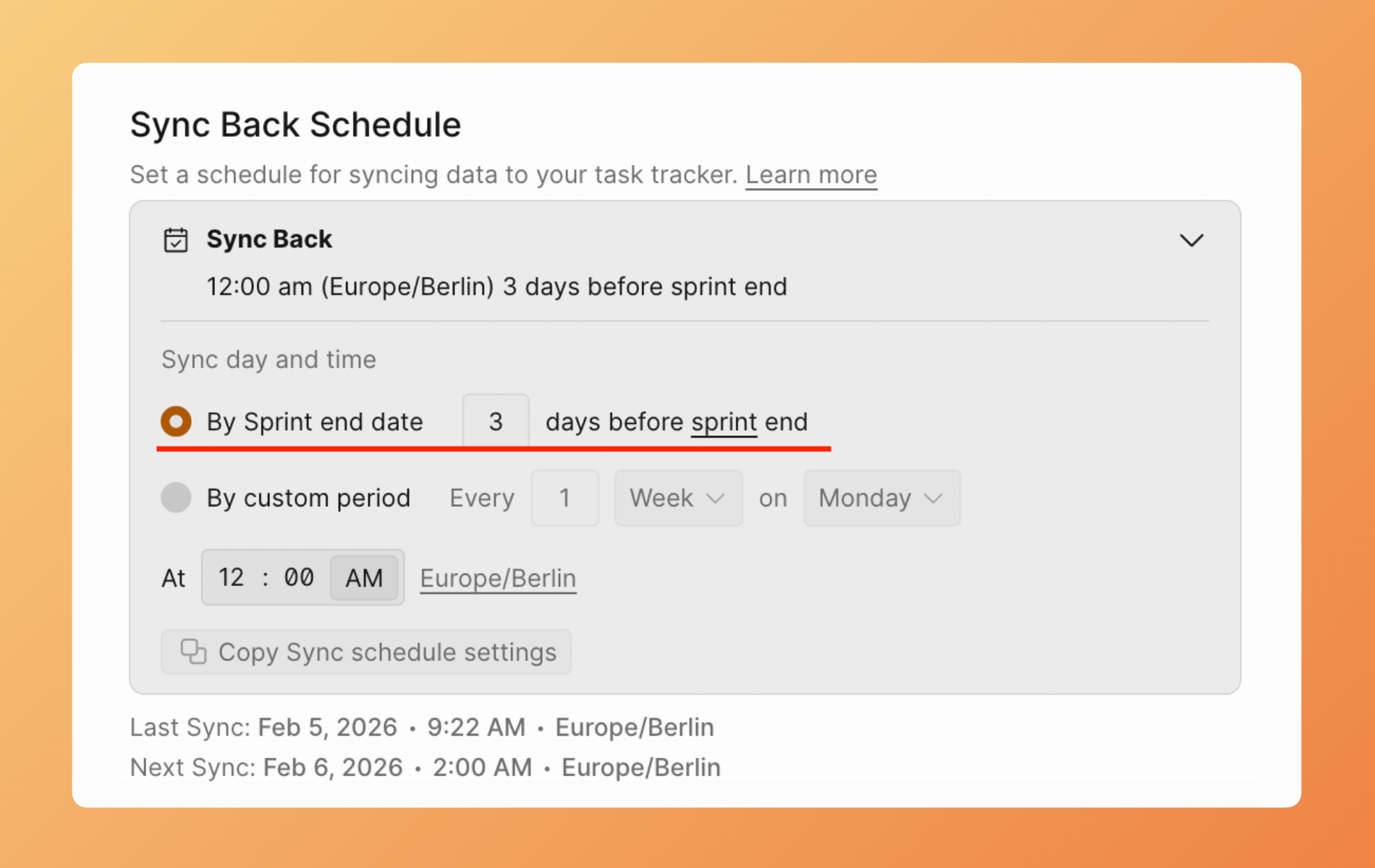 スプリント設定による逆同期のスケジュール