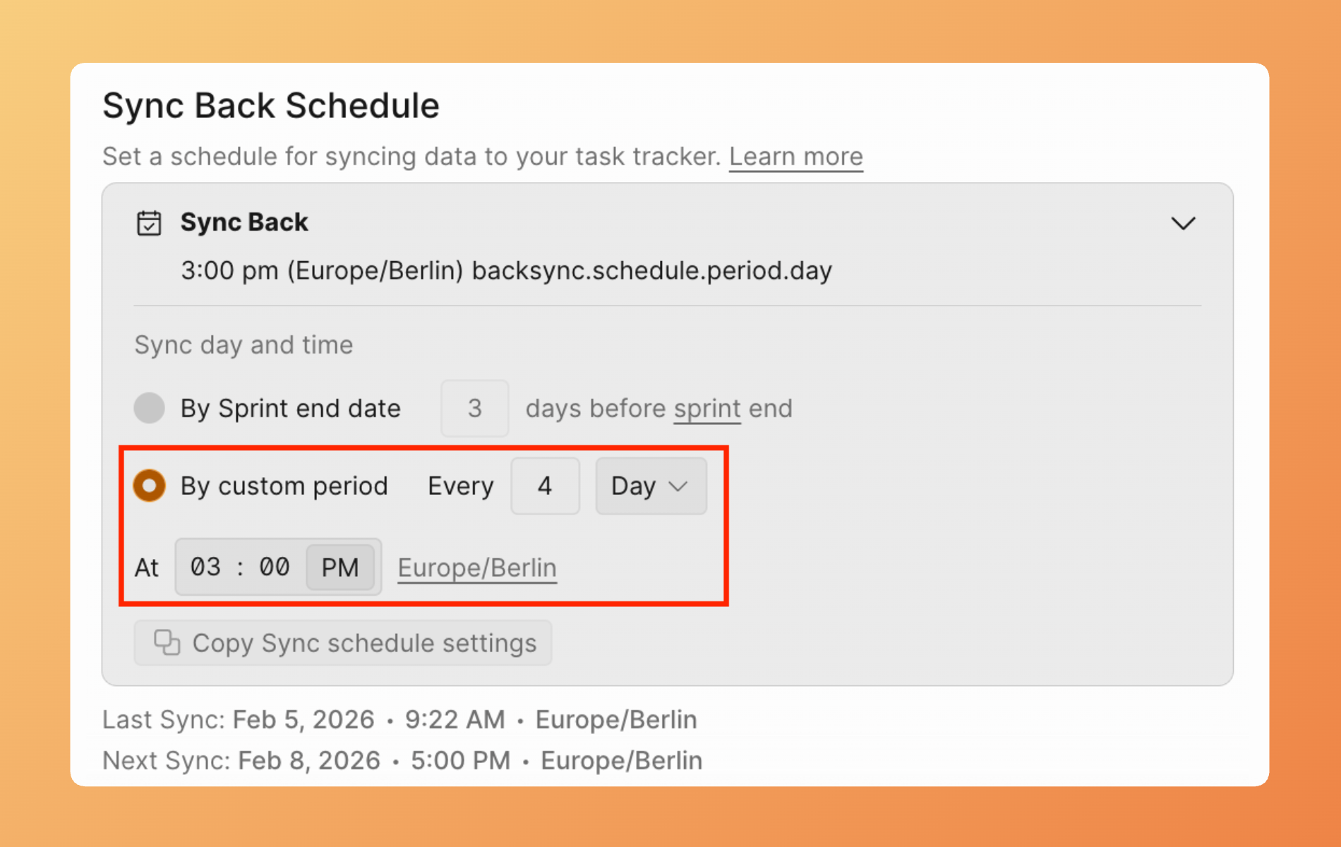 カスタム設定による逆同期のスケジュール
