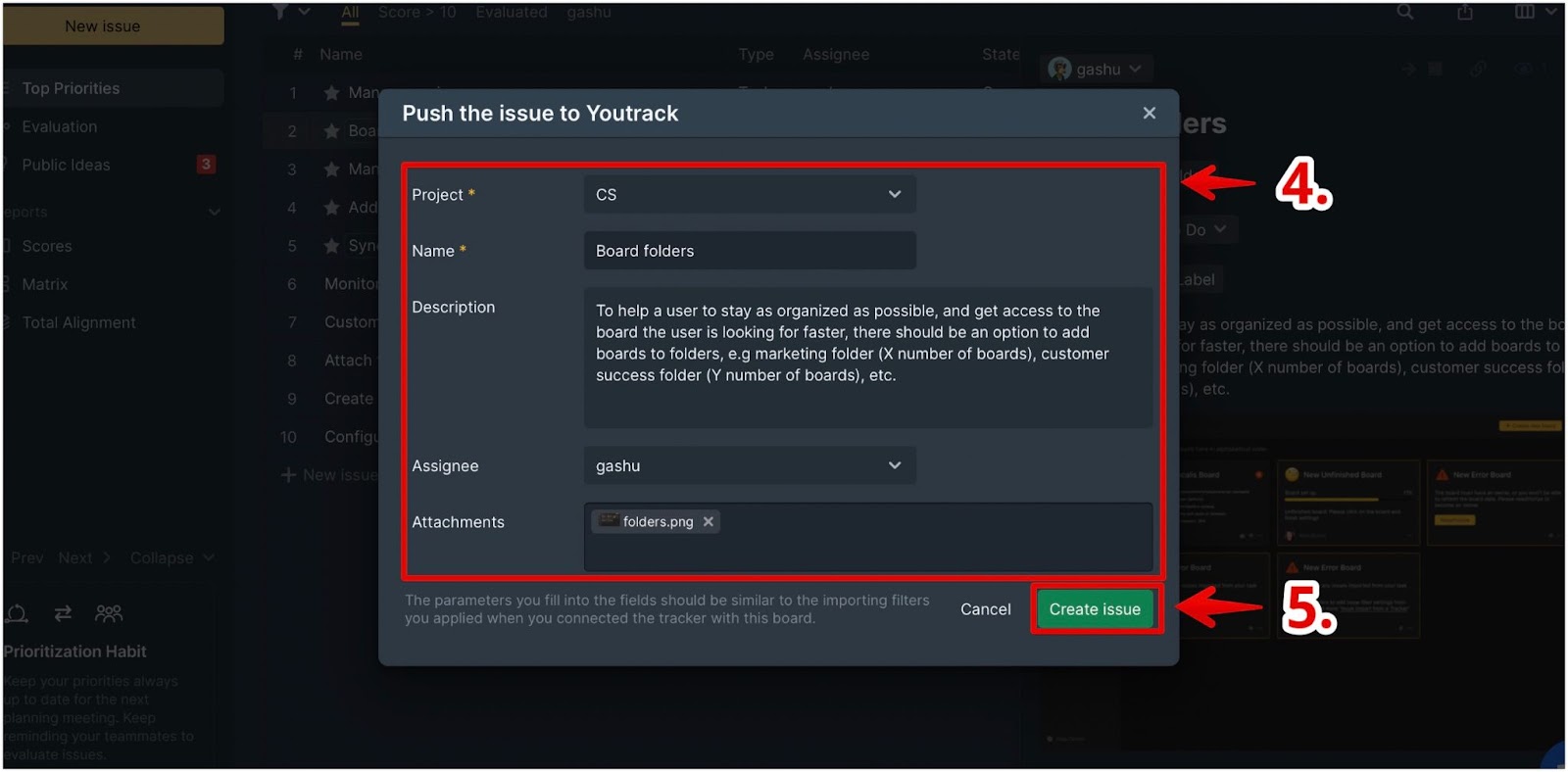 Dialog Create issue mit Feldern für Projekt, Name, Beschreibung und Bearbeiter